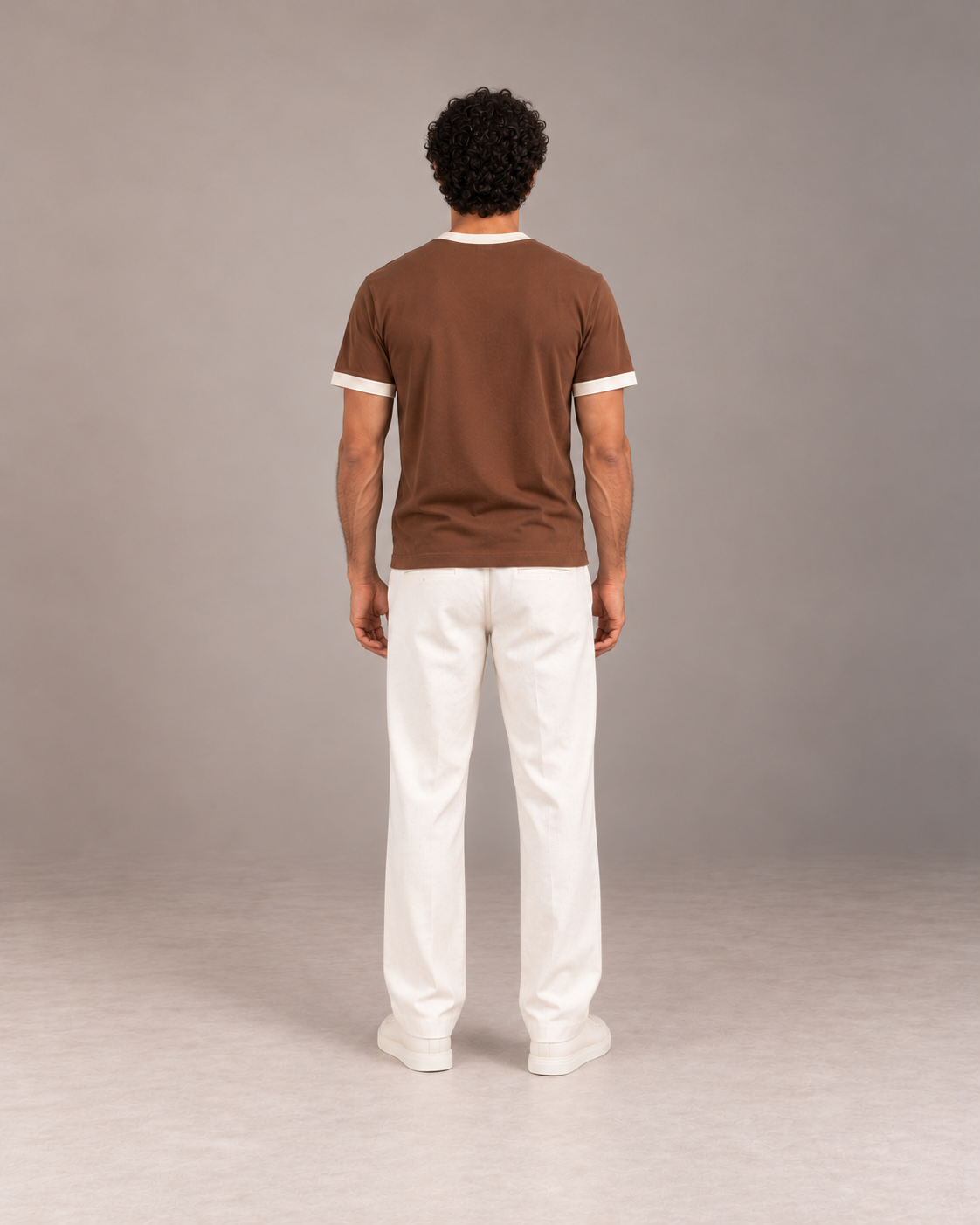 Back view of The Just Adulting Club cocoa brown relaxed fit ringer T-shirt with ivory sleeve trims.