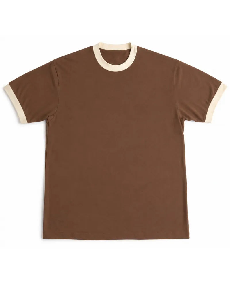 Cocoa brown relaxed fit ringer T-shirt with contrast ivory crewneck and sleeve cuffs by The Just Adulting Club.