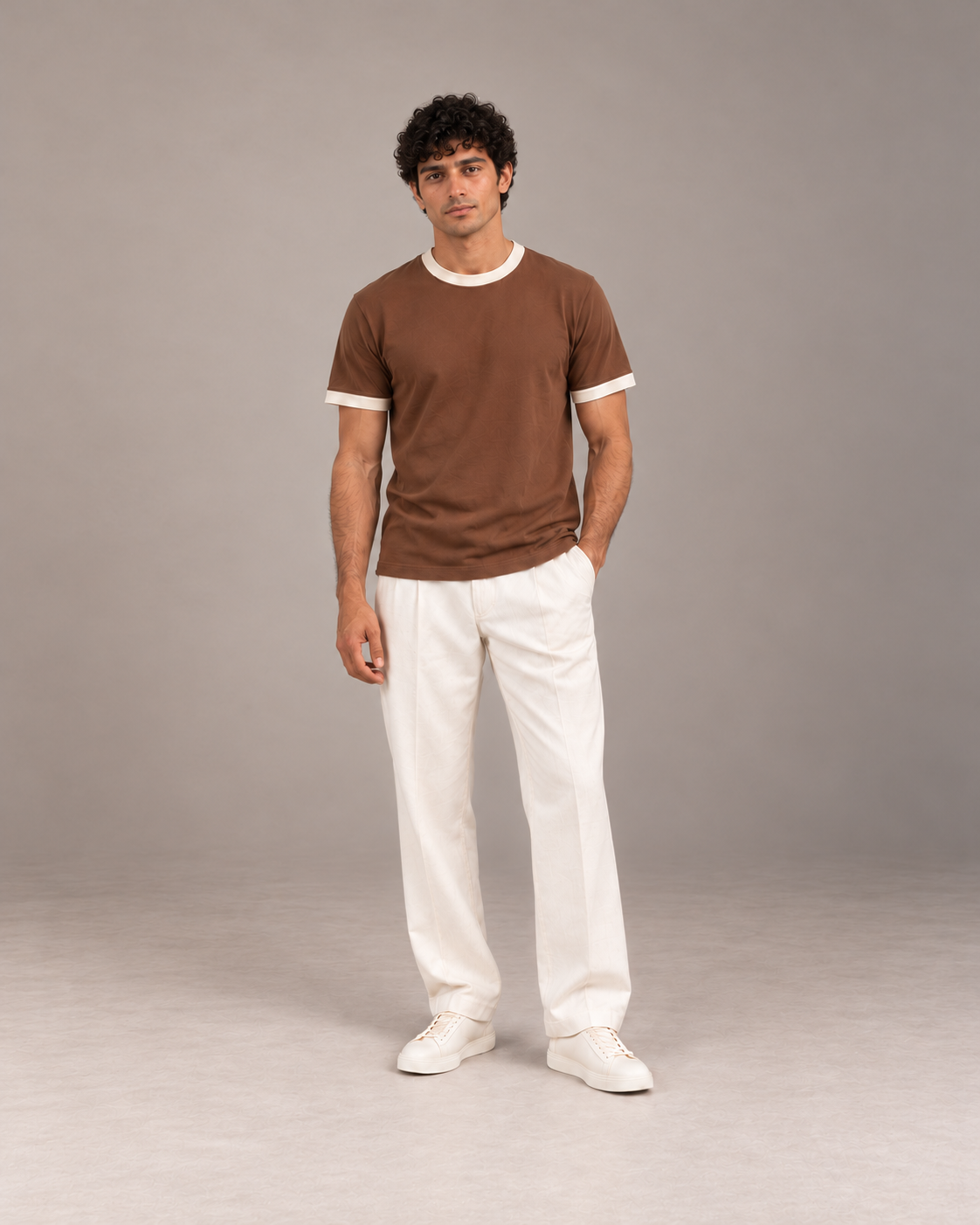 Front view of The Just Adulting Club cocoa brown relaxed fit ringer T-shirt with ivory crewneck and sleeve trims.