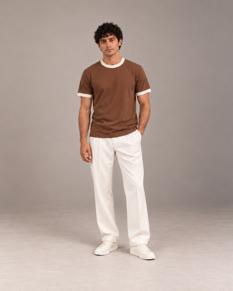 Front view of The Just Adulting Club cocoa brown relaxed fit ringer T-shirt with ivory crewneck and sleeve trims.