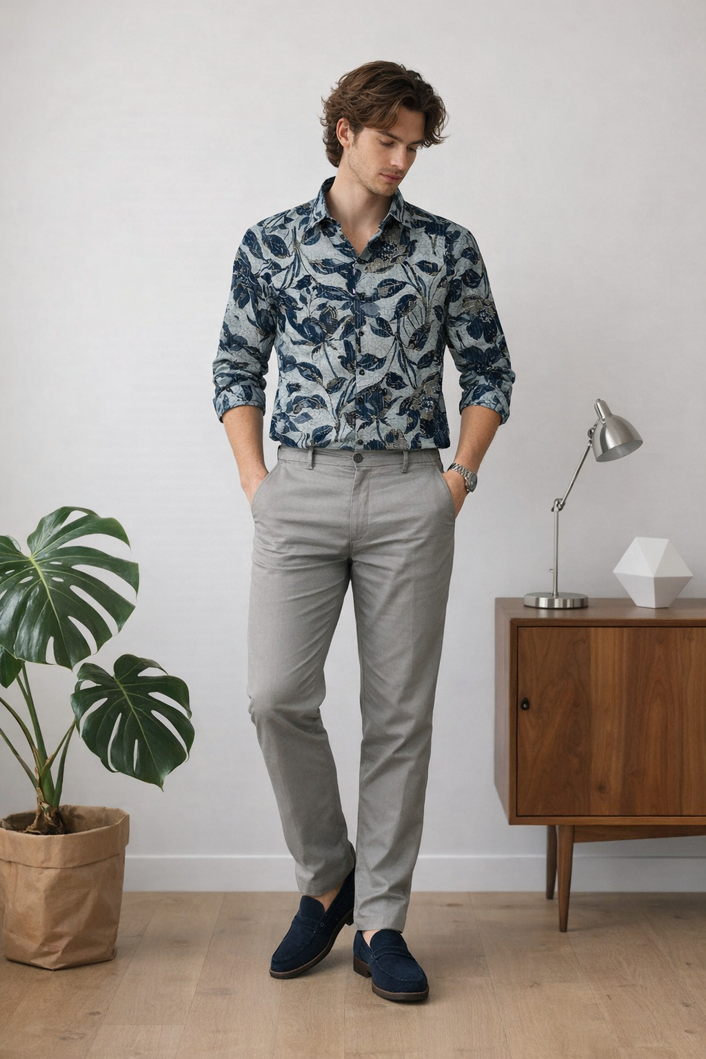 Tropical Blue Leaf Print Shirt