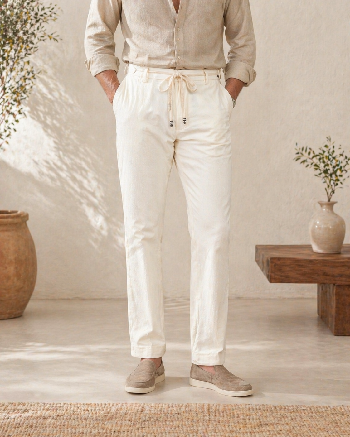 Ivory Minimalist Drawstring Tailored Fit Trouser